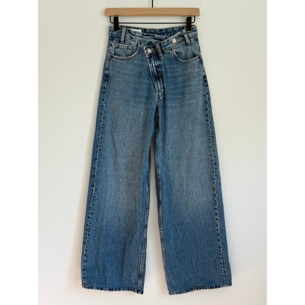 Zara Asymmetrical Crossover Wide Leg Jeans Blue Denim High Waist Y2K Chic Trendy